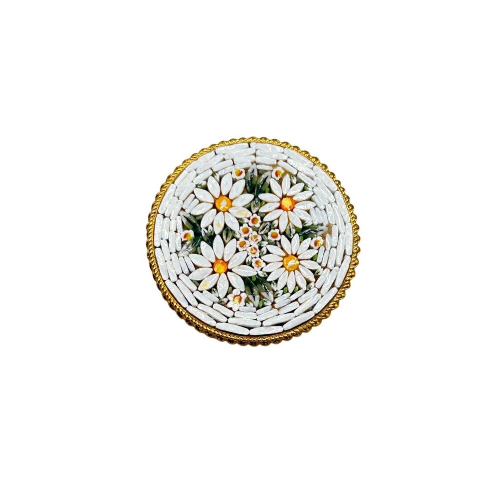 Vintage Italian Mosaic Brooch Pin Round Floral Design Gold Tone Button Pin
